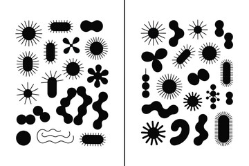 Bacteria icon set including various shapes and forms in black silhouette