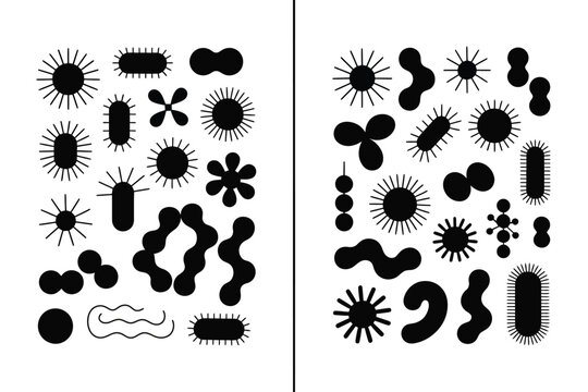 Bacteria icon set including various shapes and forms in black silhouette