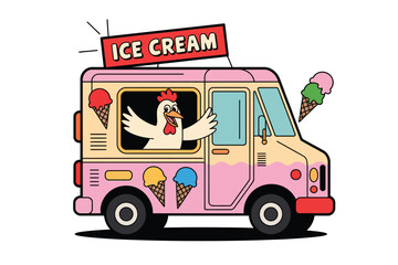 An ice cream truck vector illustration with a happy chicken waving