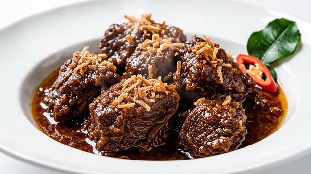 Indonesian Beef Stew Rendang with Crispy Topping and Kaffir Lime Leaf