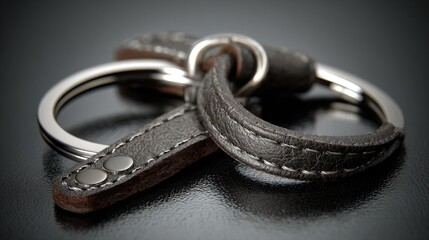 Leather keychain with metal rings lies on a textured, dark surface