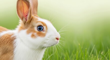 Obraz premium A beautiful orange and white rabbit with striking blue eyes looks sideways, captured close-up against a blurred green background.