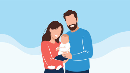 Naklejka premium Minimalist illustration of a happy young family with a mother, a bearded father, and a baby against a simple blue background.