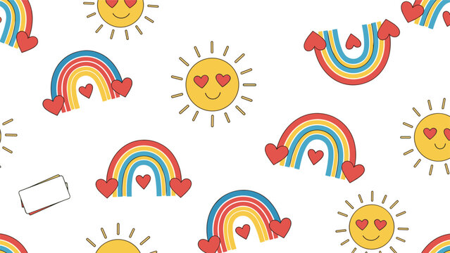 Cute and cheerful seamless pattern with retro-style rainbows and smiling suns with heart eyes on a clean white background vector.