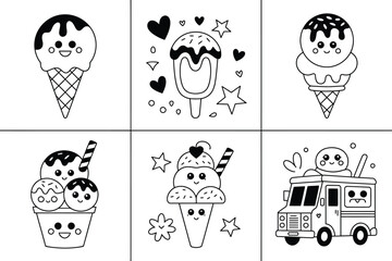 Ice cream vector illustrations of happy cartoon characters and truck