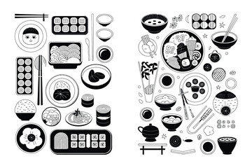 Sushi vector illustration set featuring various Japanese food icons and symbols
