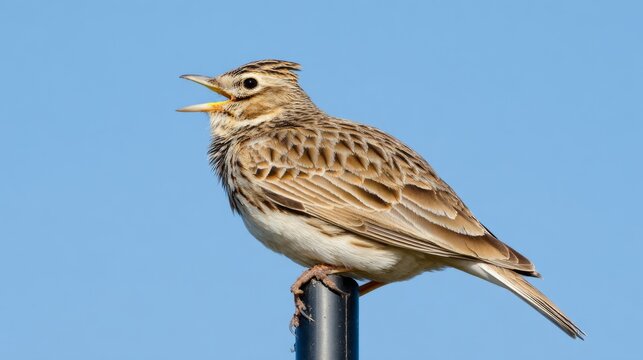 skylark. Skylark singing atop a tall utility pole against clear blue sky. wildlife magazines, conservation campaigns, designed for eco-tourism storytelling, supports conservation.
