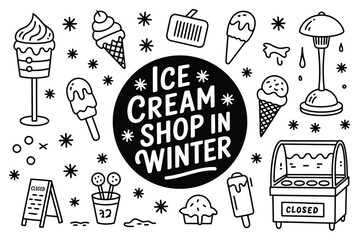 Ice cream shop in winter with various sweet treats and closed sign