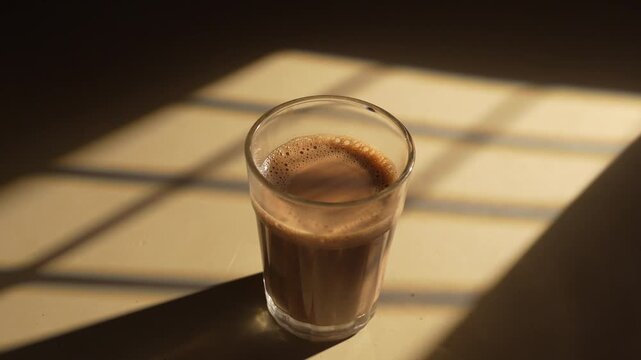 Indian chai served in glass cups, brewed in a metal kettle with aromatic masalas.