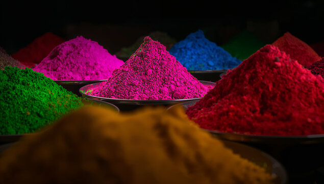 Close-up of vibrant piles of colored Holi powder in various dishes, creating a rich, textured, and colorful display for the Indian festival of colors. Macro photography.