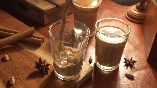 Indian chai served in glass cups, brewed in a metal kettle with aromatic masalas. Getting poured on glass.