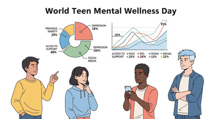 Teenagers of different ethnicities engage in various activities on World Teen Mental Wellness Day with graphs and charts in the background.