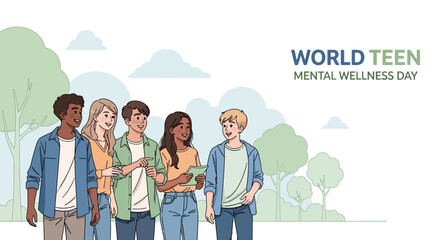 Teenagers supporting each other on World Teen Mental Wellness Day with a green plant symbolizing youth health and global awareness.
