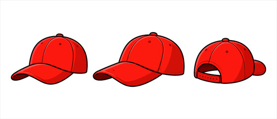 Set of three red baseball caps shown from different angles © Sunnn