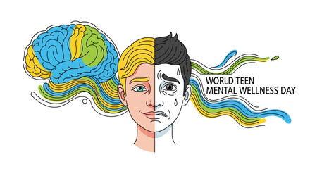 Illustration for World Teen Mental Wellness Day promoting youth mental health awareness with a mixed emotions teen and brain.