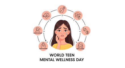Teenager surrounded by mental health symbols on World Teen Mental Wellness Day promoting youth health and global awareness.