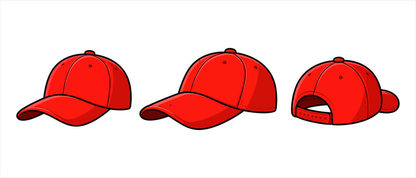 Set of three red baseball caps shown from different angles