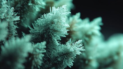 Macro detalhada de cristais de gelo formados em um galho durante o inverno rigoroso com ilumina&ccedil;&atilde;o azulada e fundo escuro.