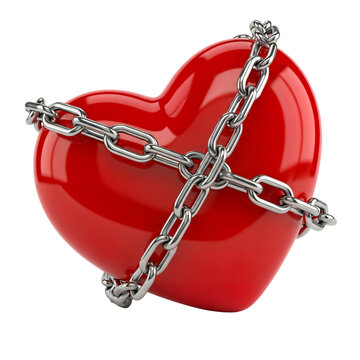 A red heart chained and bound tightly, symbolizing captivity and restraint, against a white background, aas (27) style