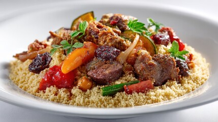Fototapeta premium Hearty Meat and Vegetable Couscous Stew With Dried Fruits and Herbs Overhead View