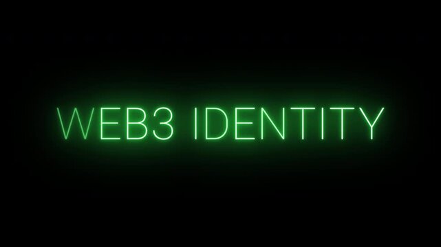 Flickering neon green glowing web3 identity sign animated black background.