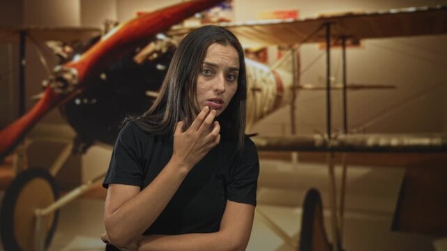 Young hispanic woman, finger to lips beside a vintage biplane in a museum building with exhibit lighting and aircraft propeller visible; contemplation.