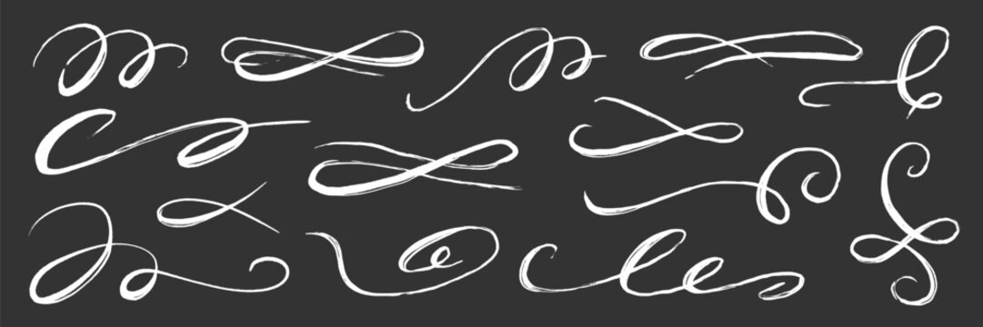 Flourish drawn swash line set. Flourish line calligraphy hand drawn pen chalkboard brush stroke..Elegant vintage doodle swirl scroll underline text decoration on blackboard. Vector illustration.