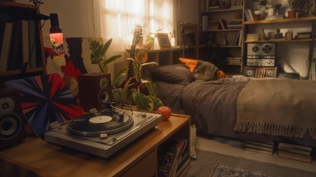 Establishing shot of cozy eclectic bedroom with focus flowing from cozy bed to retro record player set on table, scene lit by warm soft lighting, copy space