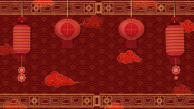 Traditional Red Chinese Background with Hanging Lanterns and Floating Clouds