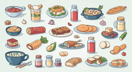 Assorted Food Items and Ingredients on Plates and Bowls.