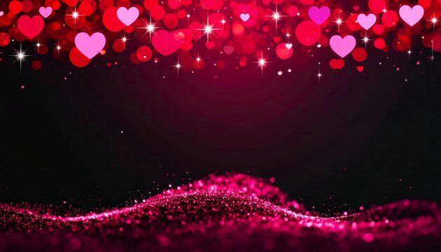 Romantischer Hintergrund mit roten und rosa Herzen, Glitzer und Wellen aus Partikeln, ideal f&uuml;r Valentinstag und Liebe.