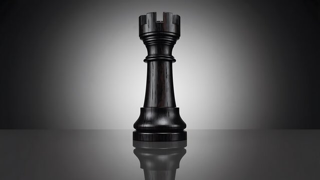 Black chess rook on reflective surface