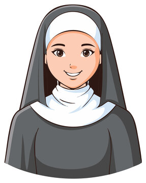 Smiling cartoon nun wearing traditional habit and wimple with dark veil and gray robe