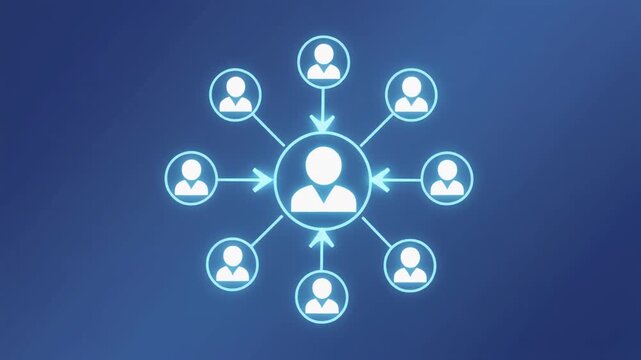 Referral marketing icon animation isolated on a clean blue gradient background, glowing netw