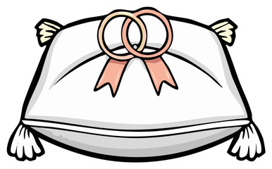 Cartoon wedding pillow with two rings and pink ribbons.
