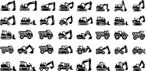 Construction Vehicle Icon Set, Heavy Machinery Silhouettes, Excavator Dump Truck Bulldozer Vector Graphics for Industrial Building Projects, Mining Equipment, Earth Moving. © Utpal