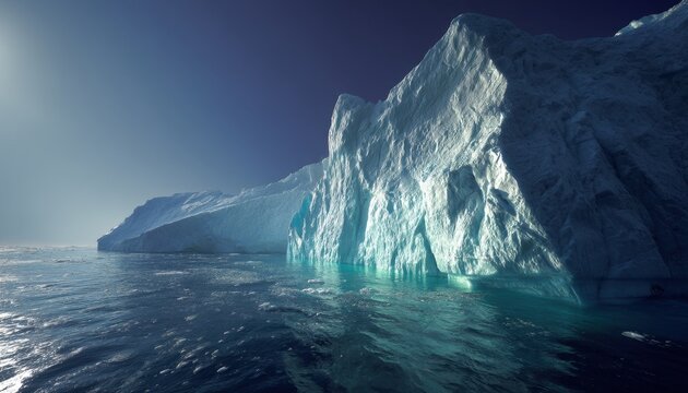Grande iceberg flutuando no oceano &aacute;rtico sob um c&eacute;u azul profundo, destacando a beleza majestosa e gelada da natureza polar intocada.