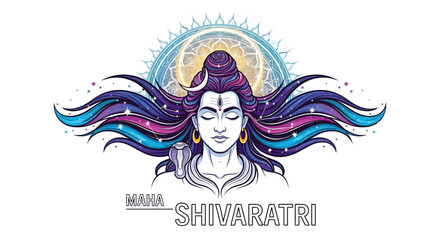 Illustration of Lord Shiva's face with flowing hair and sun behind, celebrating Maha Shivaratri, a significant Hindu Festival of Shiva.