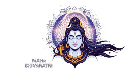 Illustration of Lord Shiva's face with a purple and orange halo for Maha Shivaratri, a Hindu Festival of Shiva.