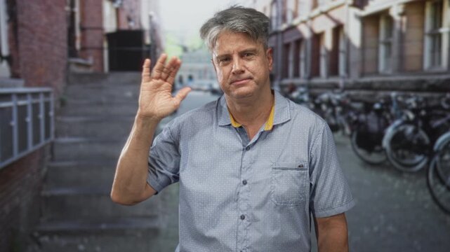 Man raising hand in a casual wave on a narrow urban street with bicycles and brick steps visible; friendly greeting.