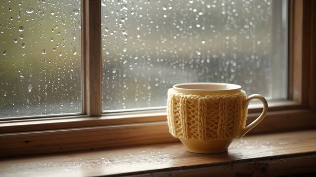 Cozy yellow mug with knitted cover on a wooden windowsill during a rainy day, creating a warm and inviting atmosphere inside a home or cabin on a cold and gloomy day.