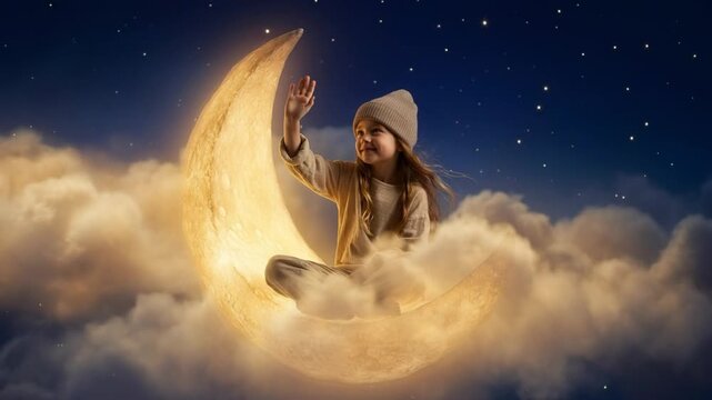 Happy child sitting on glowing crescent moon in night sky waving hand among clouds