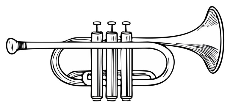 Elegant Trumpet Illustration, Musical Instrument Sketch with Detailed Engraving, Line Art for Music and Jazz Enthusiasts