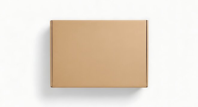 Top view of closed brown cardboard mailer box mockup on white background