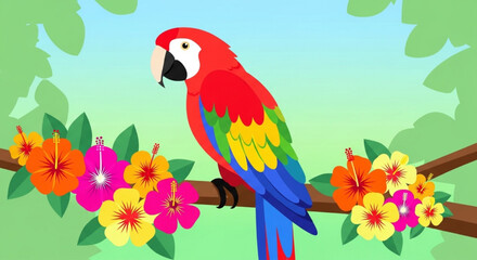 Fototapeta premium Colorful Macaw Parrot on Branch with Tropical Hibiscus Flowers Jungle Rainforest Bird Illustration