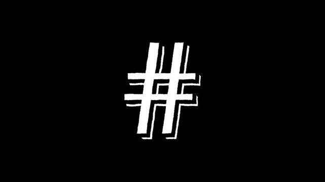 Hand drawn hash symbol animation white on black background with shadow effect motion