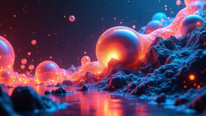 Glowing spheres on alien terrain with reflective water abstract landscape