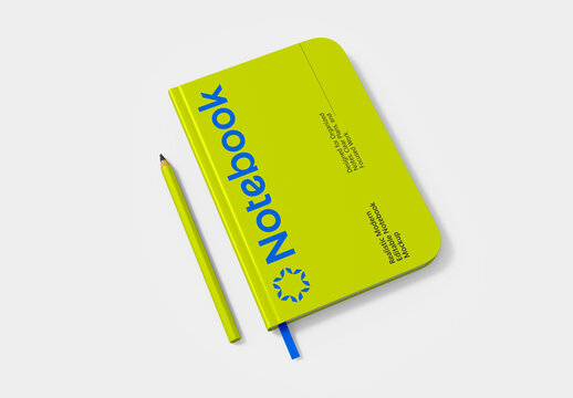 Realistic Notebook Mockup with Pencil and Lime Green Hardcover