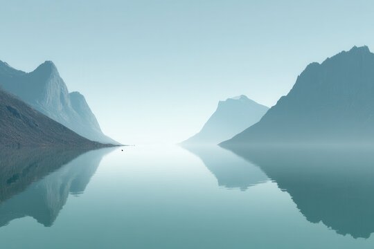 Paisagem montanhosa serena com reflexo perfeito na &aacute;gua calma de um lago sob uma n&eacute;voa suave e tons de azul minimalistas.