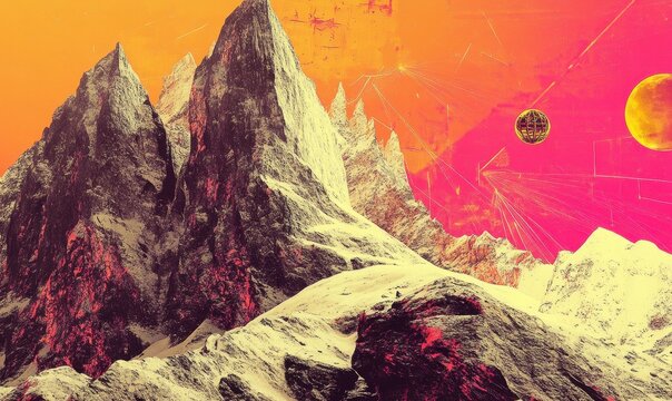 Paisagem surreal de montanhas nevadas sob um c&eacute;u vibrante em tons de laranja e rosa com planetas e elementos geom&eacute;tricos abstratos.